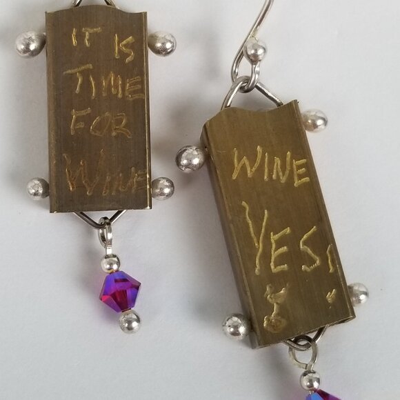 Wine Lover Drop Earrings Handmade Unworn Metal and Beads - Picture 1 of 6
